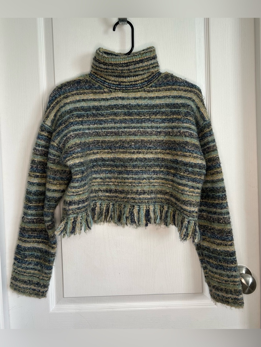 Zara Girls 11/12 152 Cropped Fringe Boho Striped Turtleneck Sweater